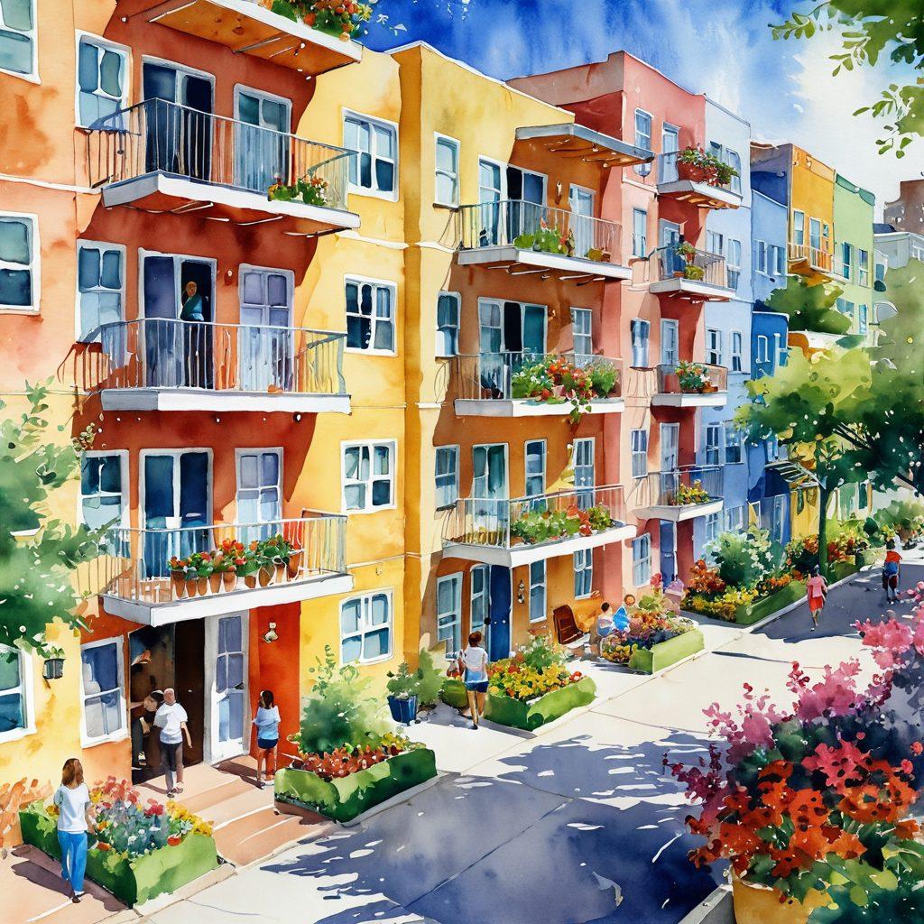 A lively scene showcasing a diverse group of people enjoying their cheerful apartments, surrounded by a vibrant community with colorful buildings and lush greenery. Include playful outdoor spaces like gardens and playgrounds, with bright flowers and cheerful decorations. Capture uplifting energy and the sense of belonging in a lively neighborhood atmosphere. watercolor painting. vibrant colors. warm tones.
