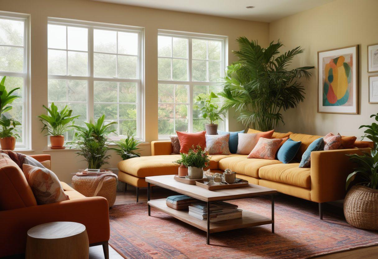 A serene and inviting living space filled with natural light, featuring cozy furniture, lush indoor plants, and warm colors that evoke happiness. Include soft textiles like cushions and throws, a window with a view of a vibrant garden, and personal touches like family photos. Capture a sense of harmony and tranquility in the design. super-realistic. vibrant colors. soft focus.